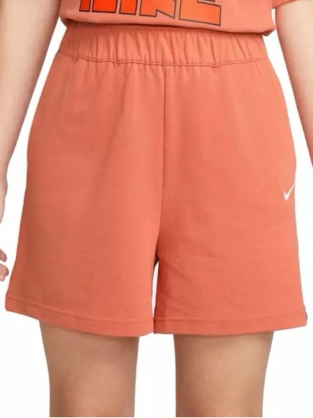 Nike Women's Coral-Orange Elastic-Waist Jersey Cotton Shorts